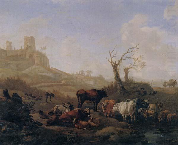 Cattle and sheep by a stream in a pasture,a town beyond, William Romeyn